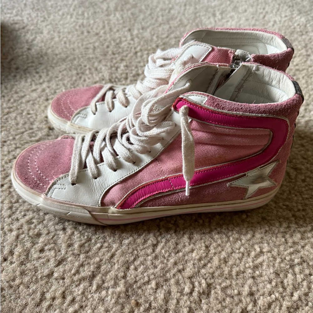 Golden Goose Pink and White High-Top Sneakers Slides